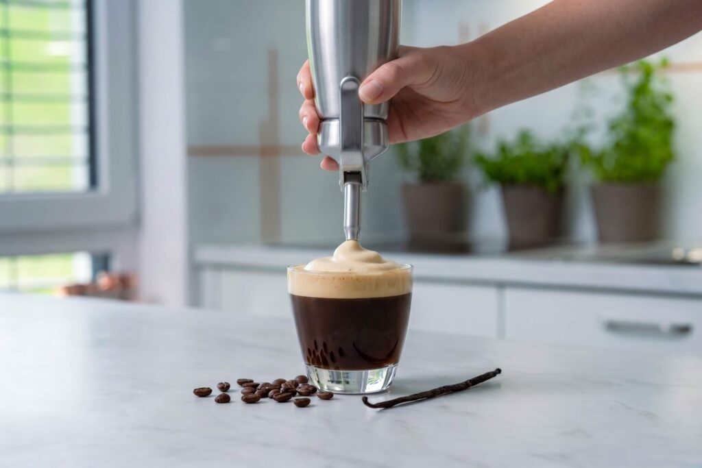 A carajillo made with coffee foam and vanilla beans being made