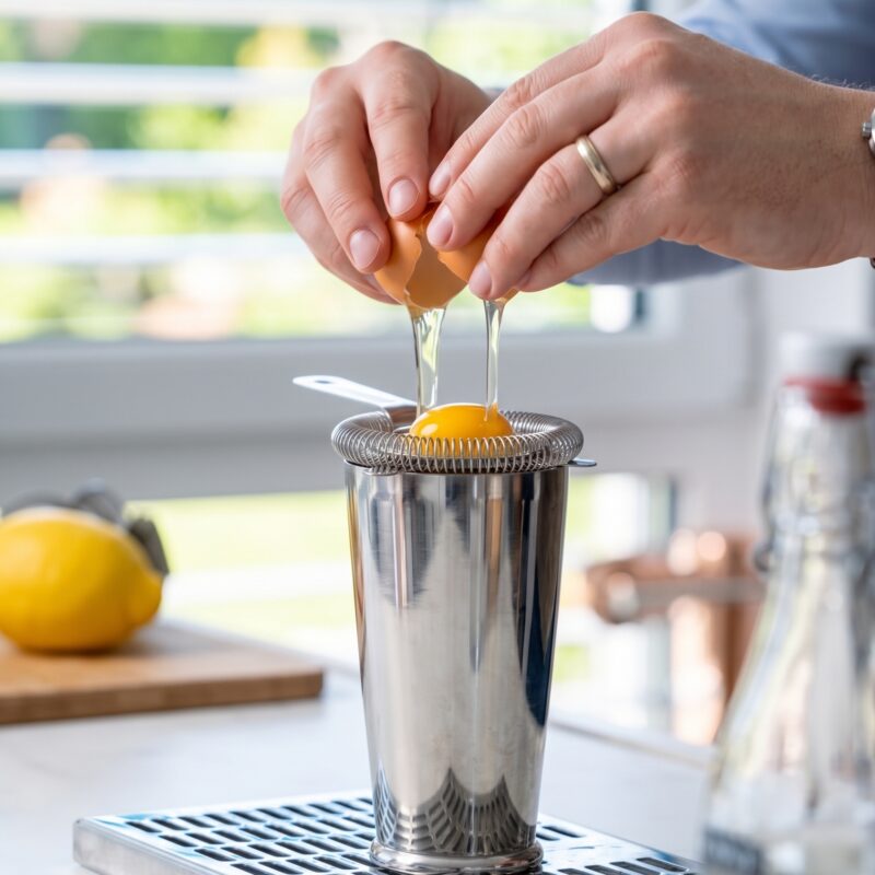 Using an upside down hawthorne strainer to separate egg whites